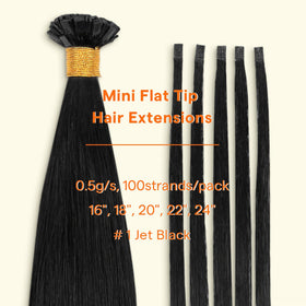 Full Shine Mini Flat Tip Jet Black Hair Extensions displayed on a mannequin