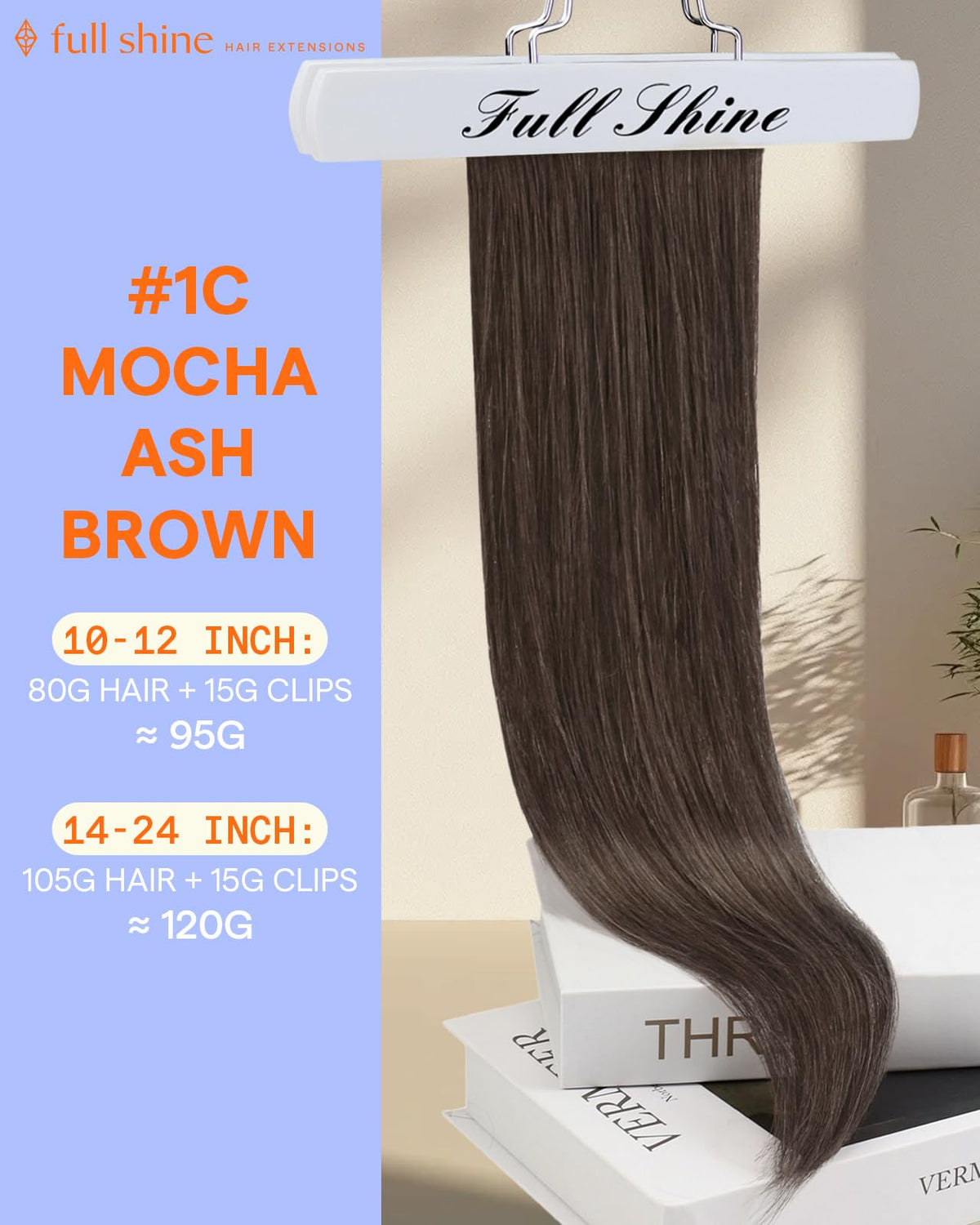 Full Shine mocha brown clip in hair extensions back view