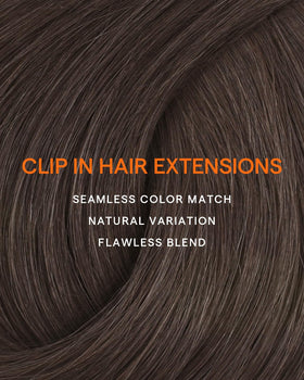 Full Shine mocha brown clip in hair extensions on a model