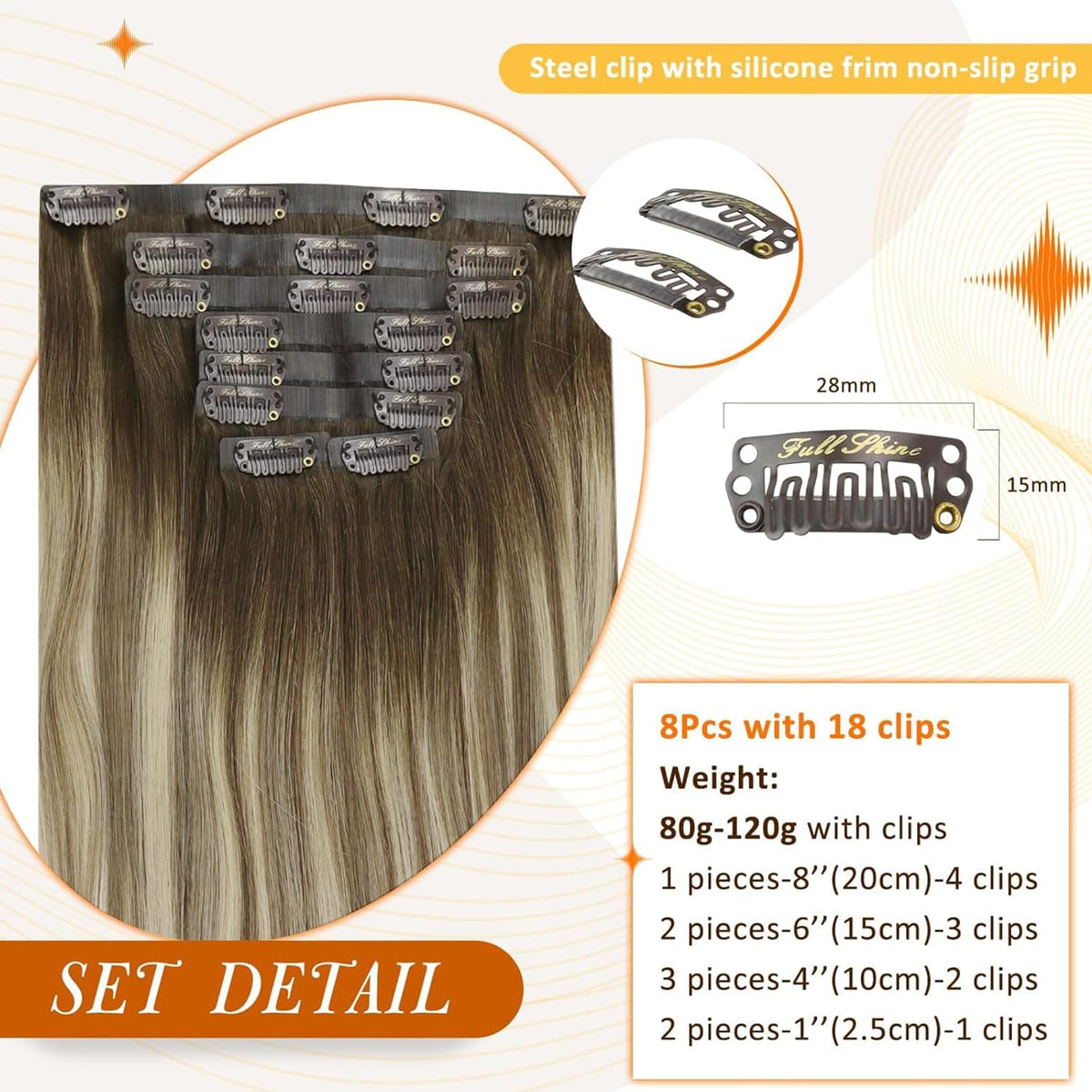 Full Shine Ombre Clip in Hair Extensions displayed with packaging