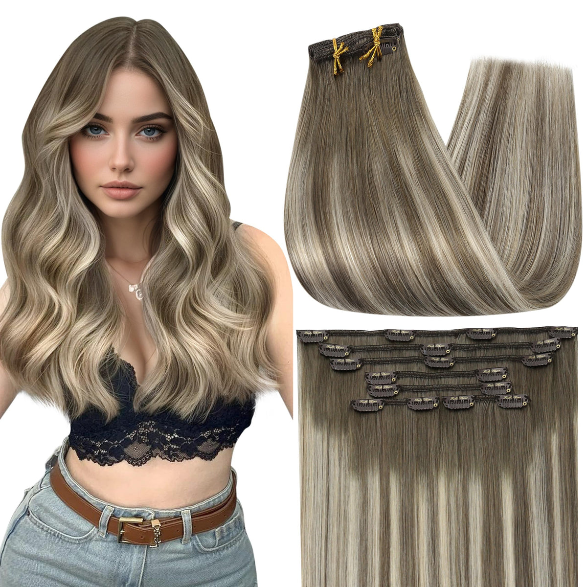 Full Shine Ombre Hair Extensions 7 piece set front view