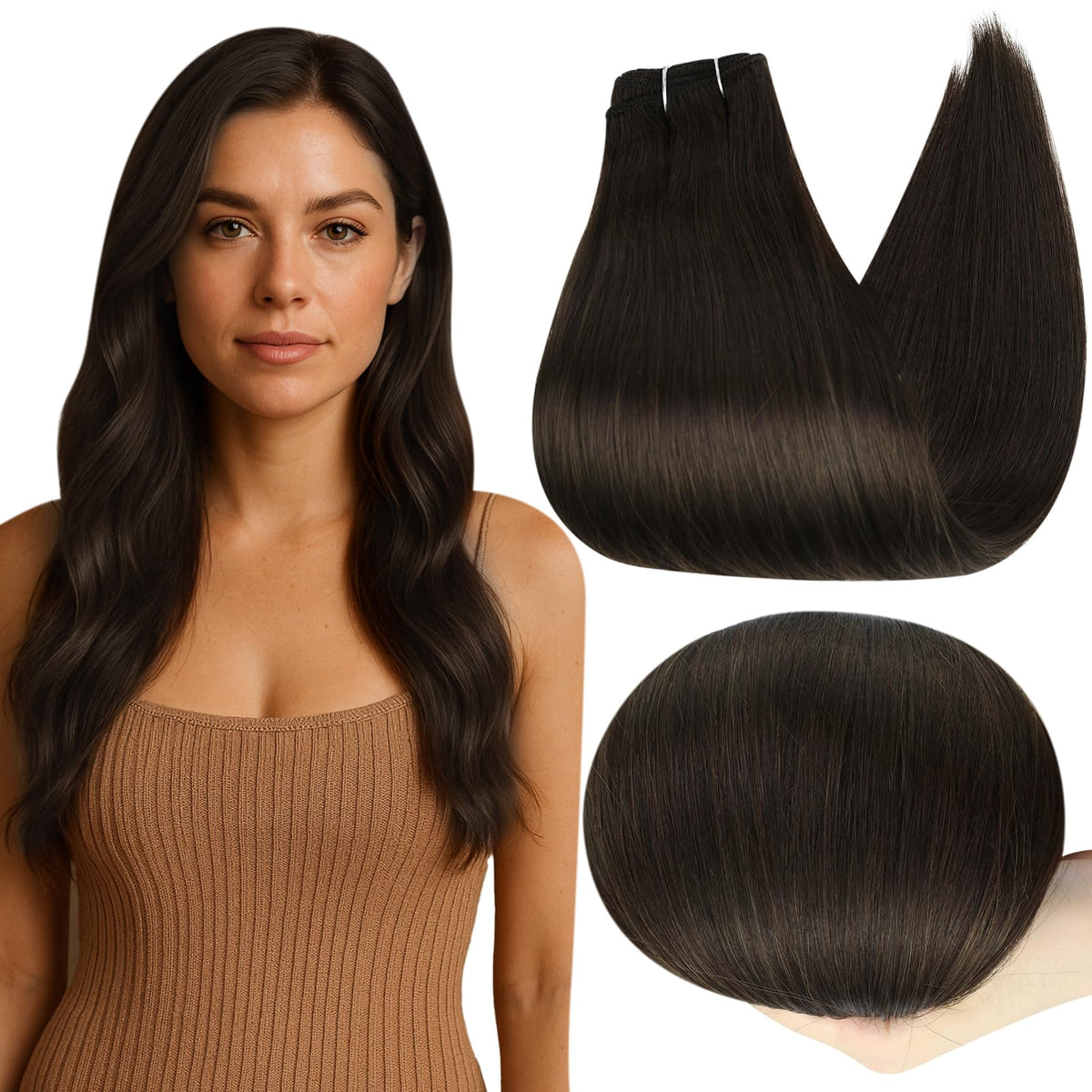 Full Shine Sew In Hair Extensions Remy Human Hair 16 Inch dark brown front view