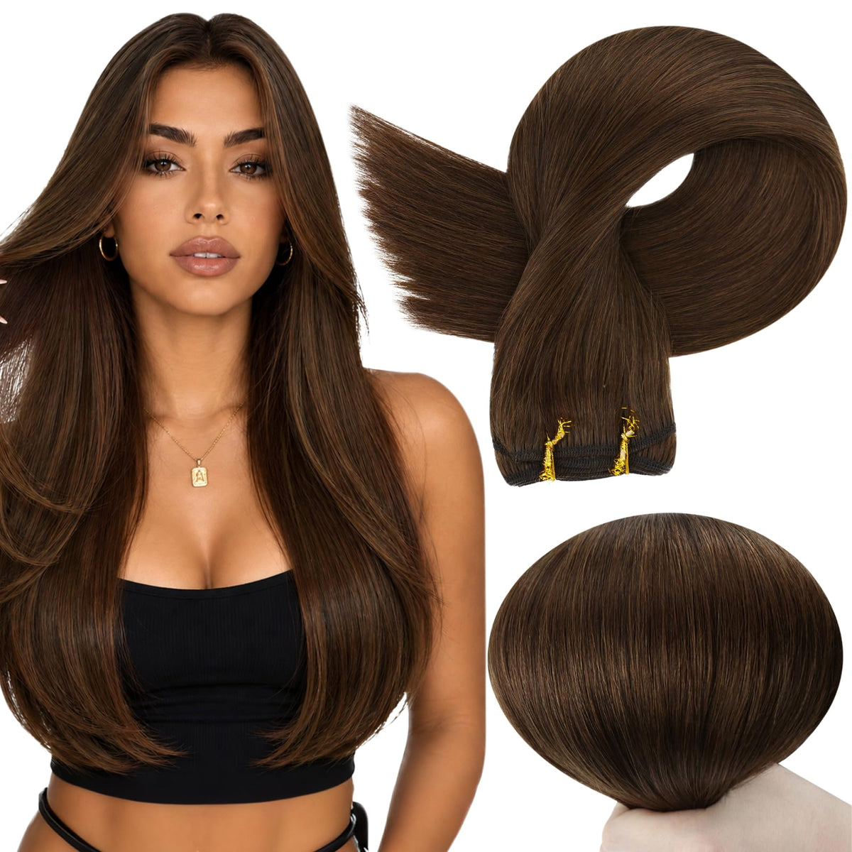 Full Shine Sew In Remy Human Hair Weft Extensions in Warm Chestnut Brown front view