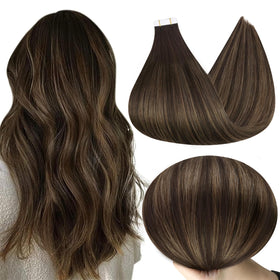 Full Shine Tape Hair Extensions 22 Inch Brown Ombre front view