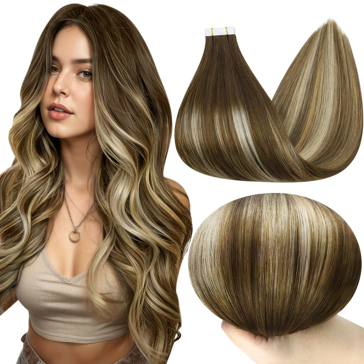 Full Shine Tape in Extensions 12 Inch Brown Caramel Blonde Mix front view