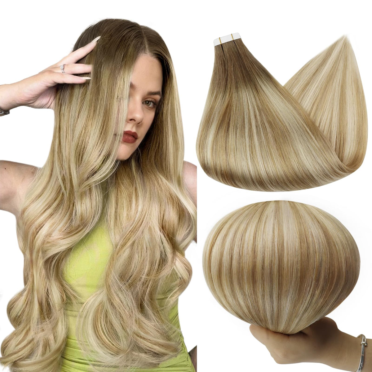 Full Shine Tape in Extensions 12 Inch Brown Root Blonde front view