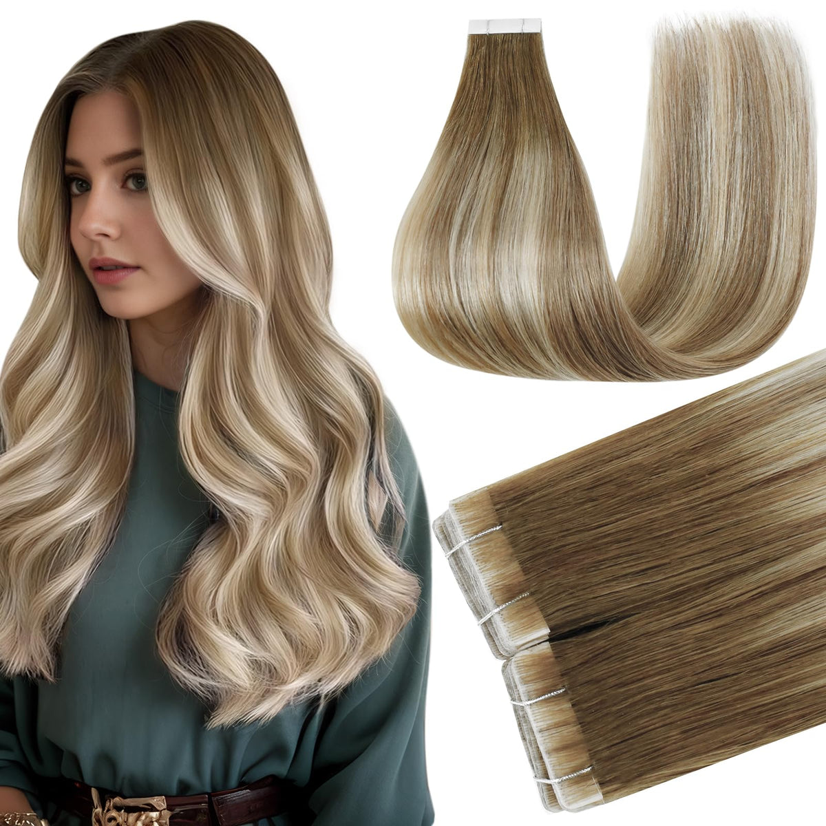 Full Shine Tape In Extensions 14 Inch Brown Blonde front view