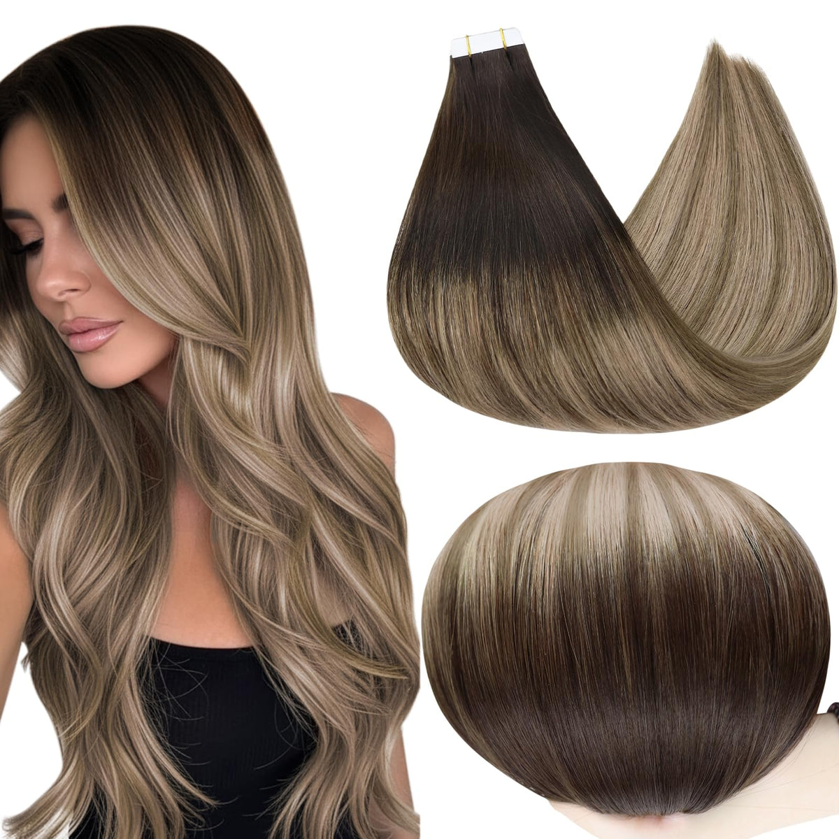Full Shine Tape in Extensions 14 Inch brown blonde mix front view