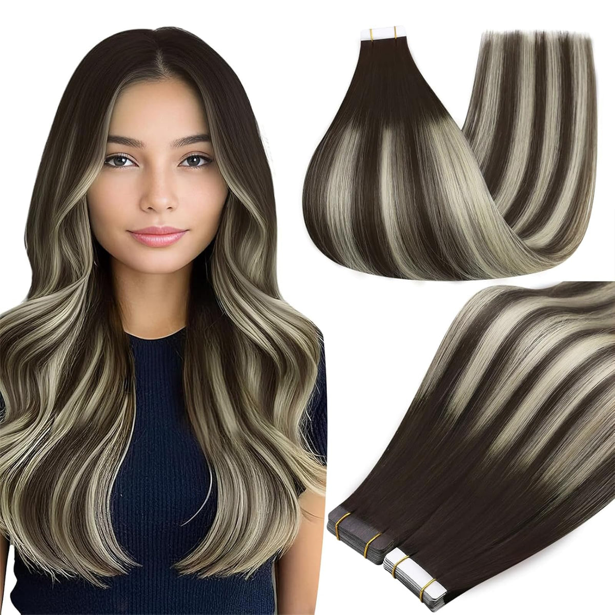 Full Shine Tape In Extensions 14 Inch Brown Platinum front view