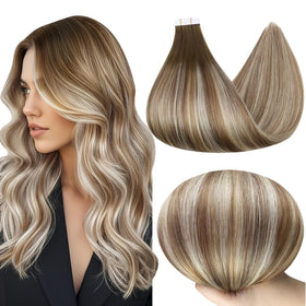 Full Shine Tape in Extensions 14 Inch Chestnut Brown Blonde front view
