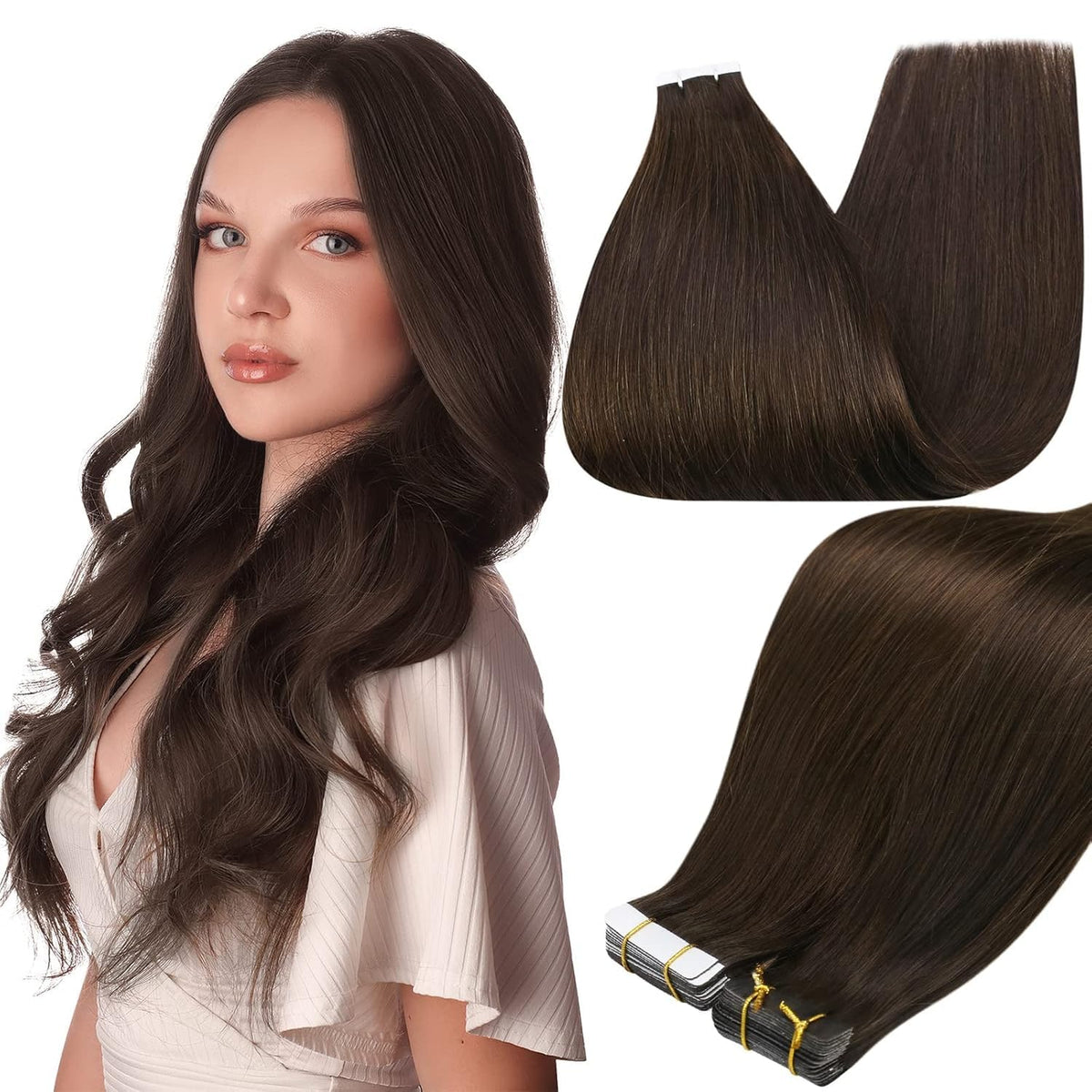 Full Shine Tape In Extensions 14 Inch Dark Brown front view