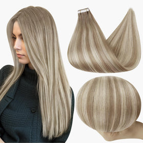 Full Shine Tape in Extensions 14 Inch Grey Brown Blonde front view