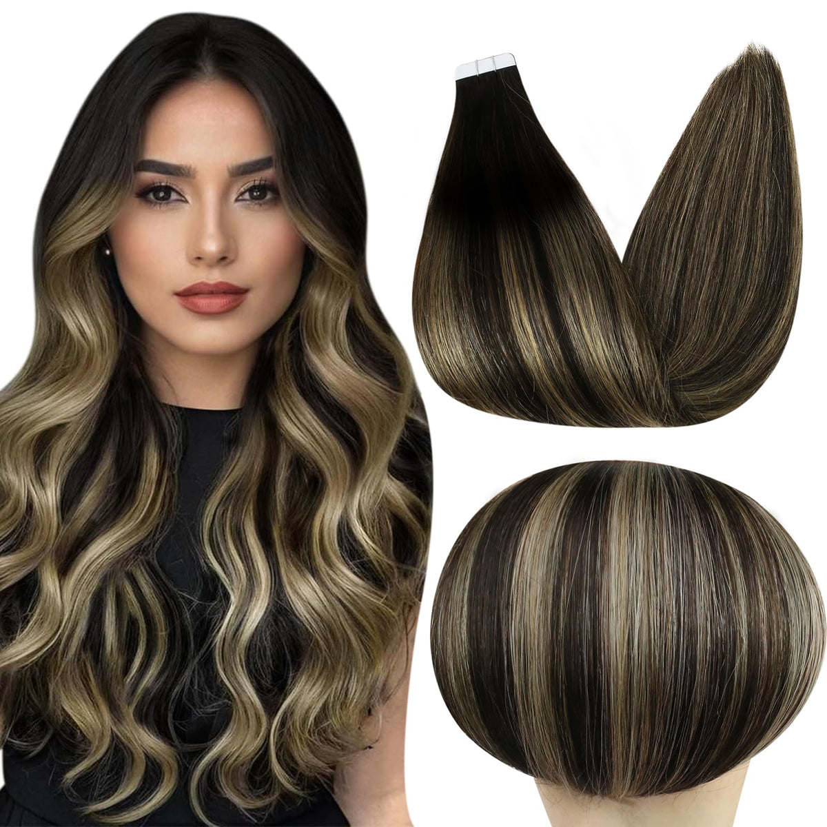 Full Shine Tape in Extensions 16 Inch Black to Black Blonde front view