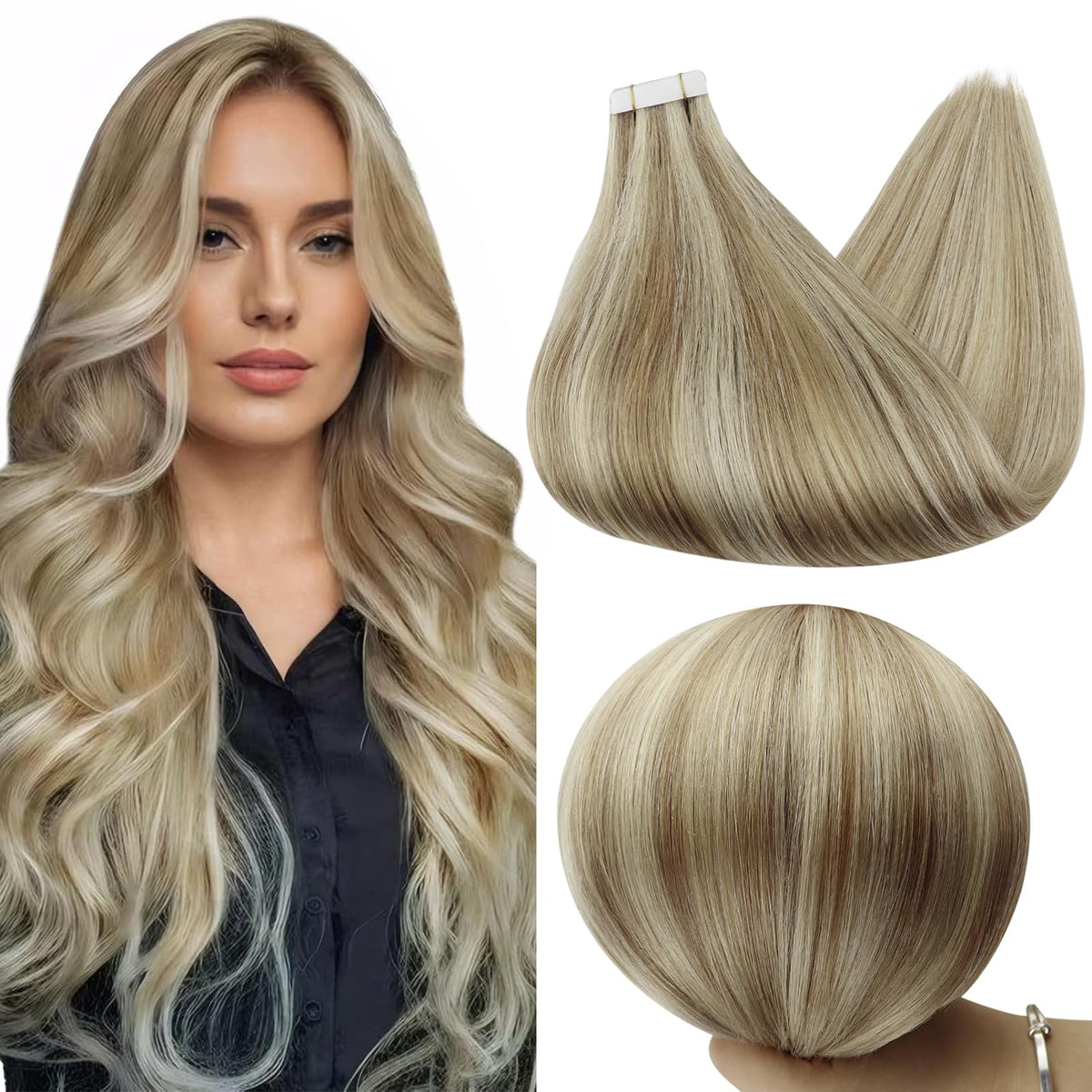 Full Shine Tape in Extensions 18 Inch Ash Blonde Highlights front view