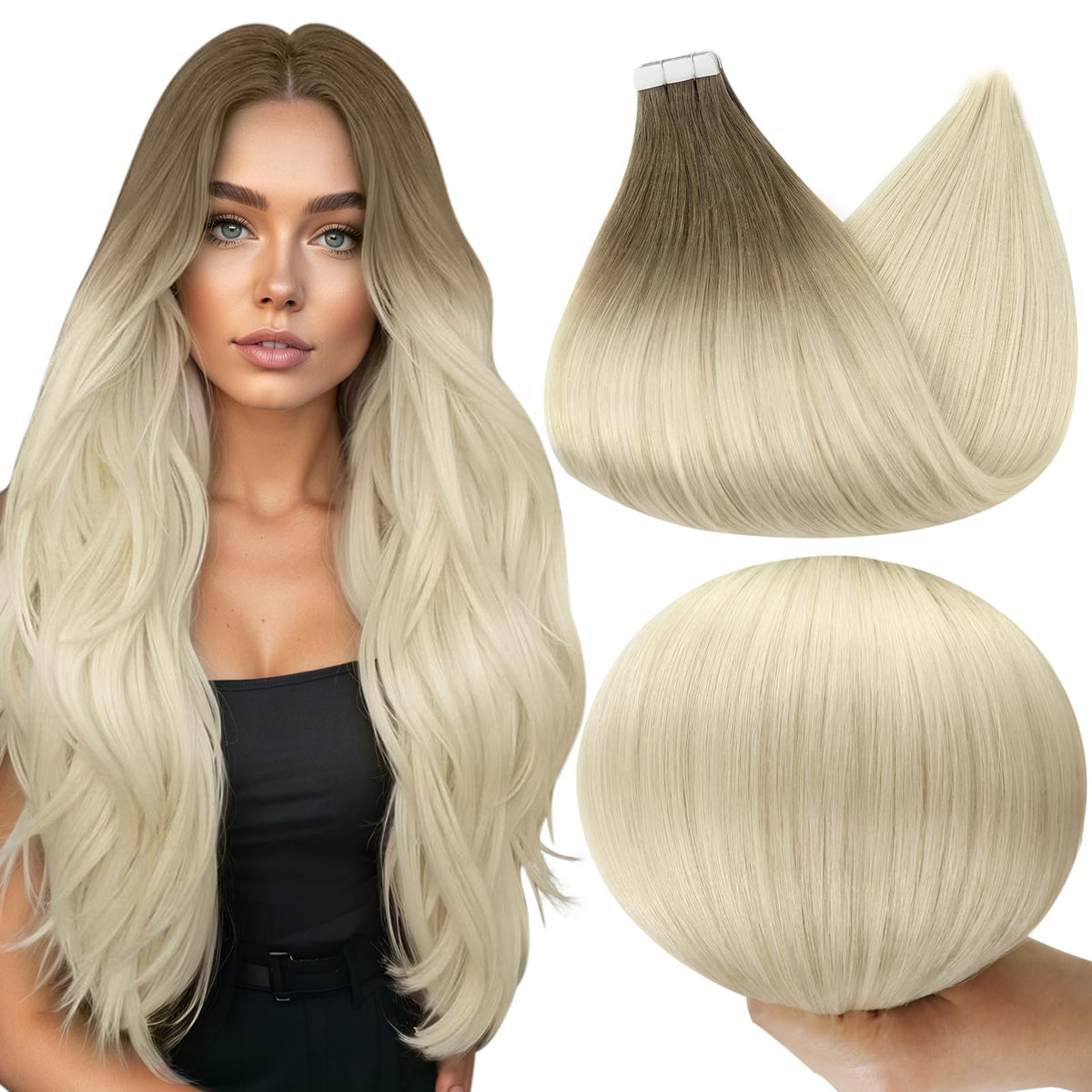 Full Shine Tape in Extensions 18 Inch Ash Brown to Ash Blonde front view