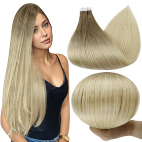 Full Shine Tape in Extensions 18 Inch Brown to Ash Blonde front view