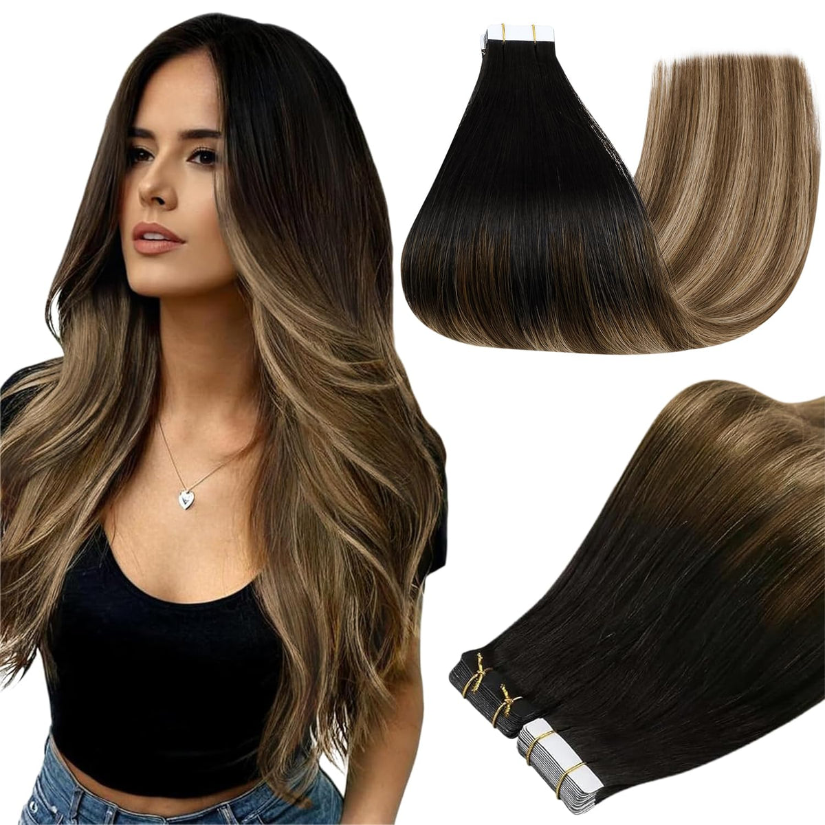 Full Shine Tape In Extensions 20 Inch Black Brown Blonde front view