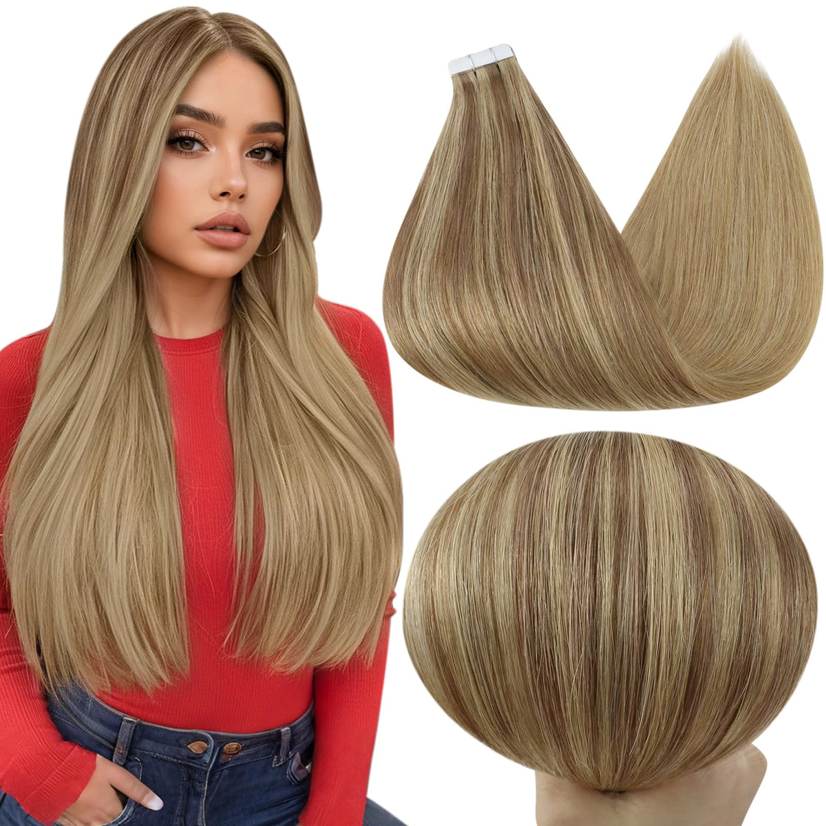 Full Shine Tape in Extensions 20 Inch Brown to Butter Blonde front view