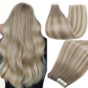 Full Shine Tape In Extensions 20 Inch Grey Blonde front view