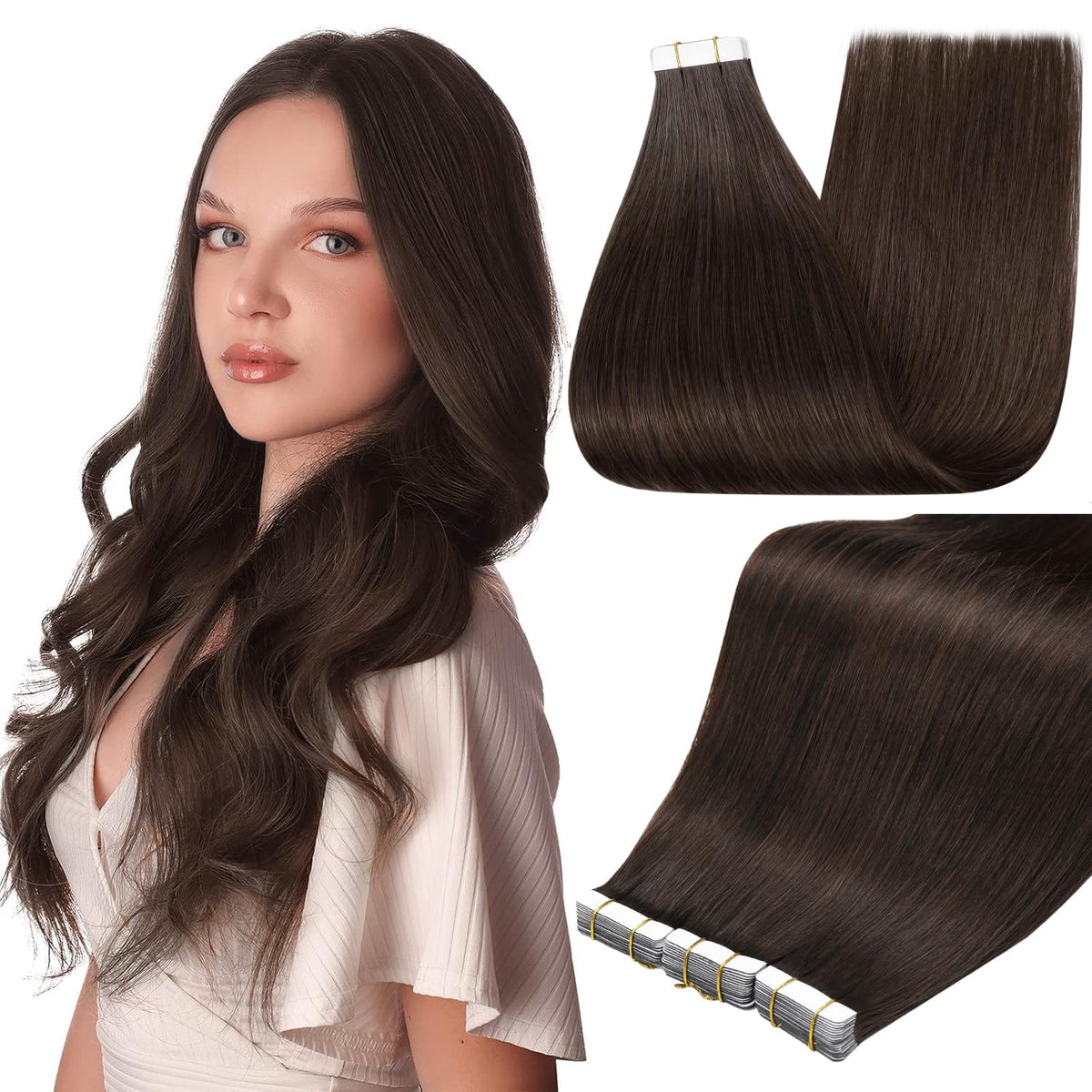 Full Shine Tape In Extensions 22 Inch Dark Brown front view