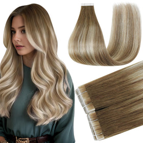 Full Shine Tape In Extensions 24 Inch Brown Blonde front view