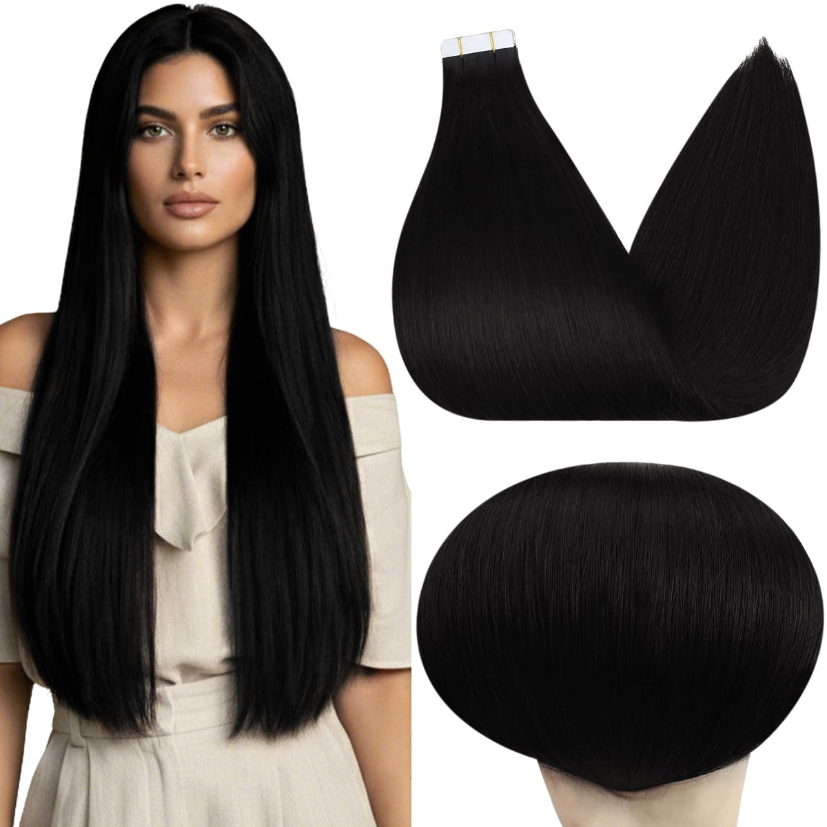 Full Shine Tape In Extensions 26 Inch black model front view