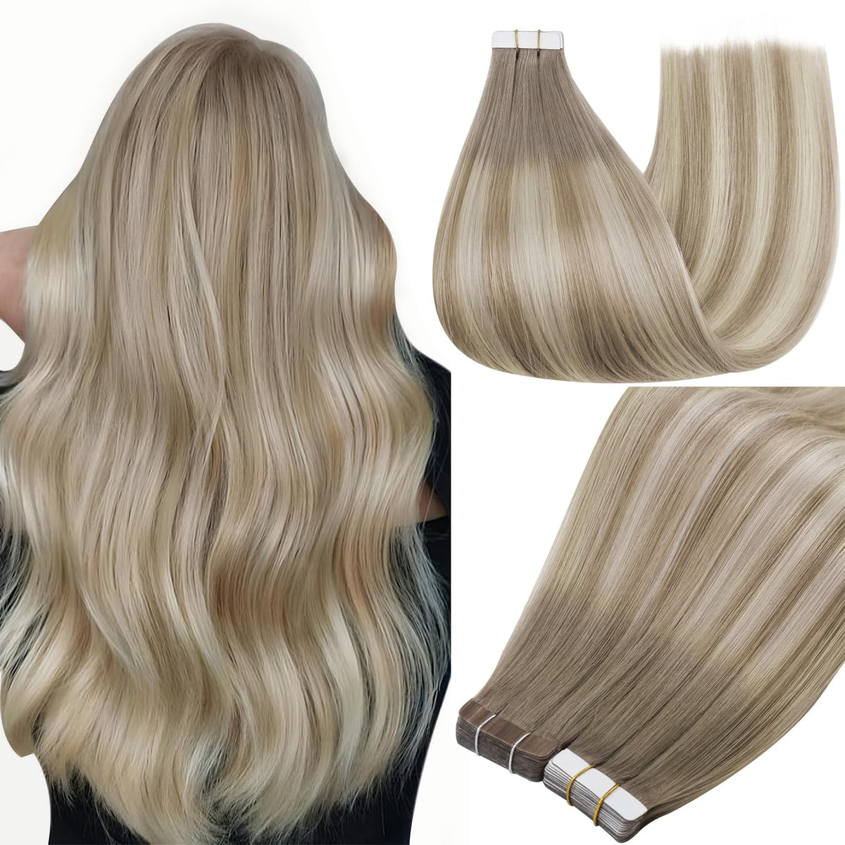 Full Shine Tape In Extensions Ash Blonde Balayage front view