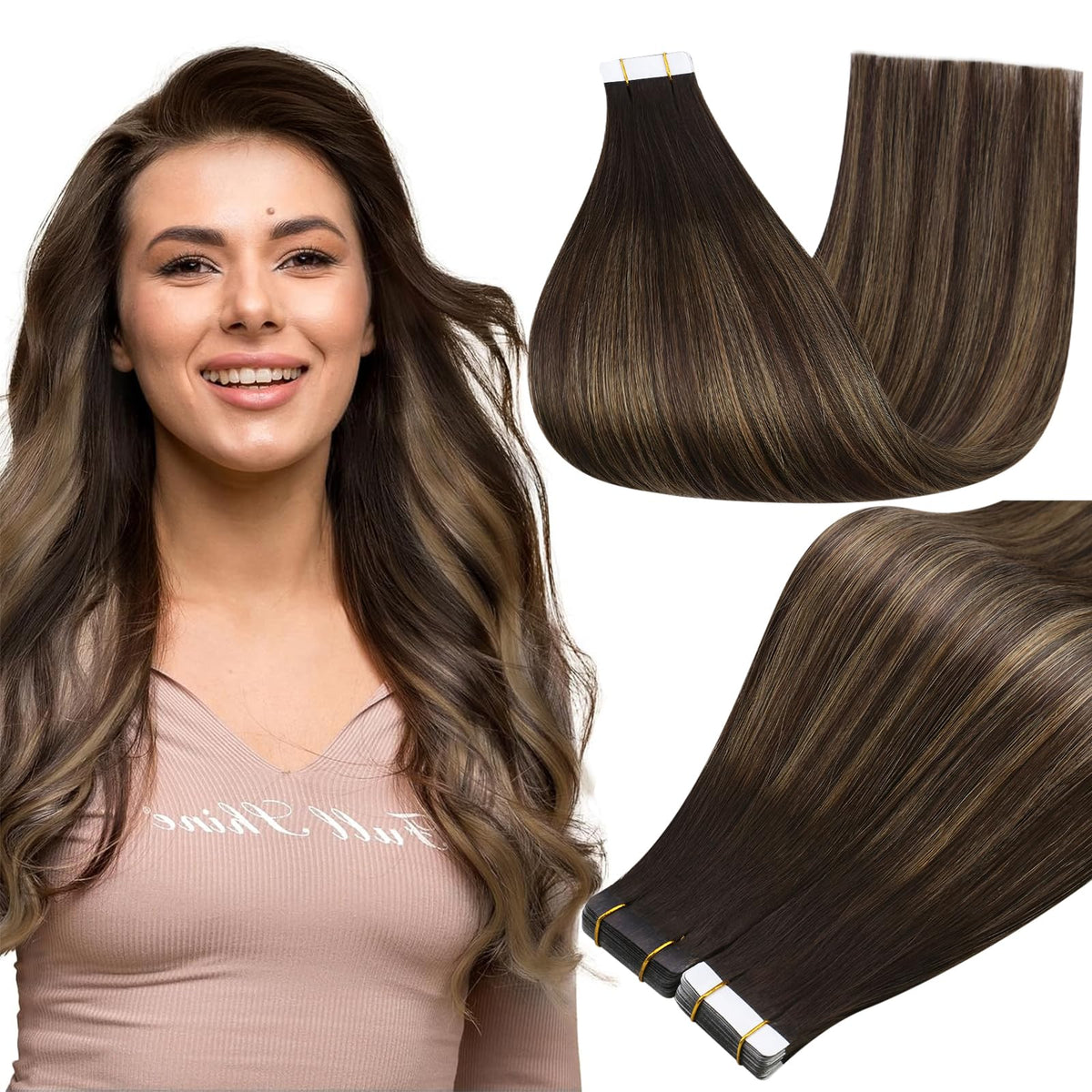 Full Shine Tape In Extensions Brown Balayage front view