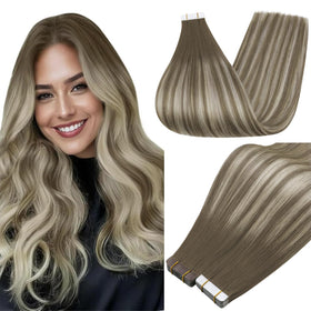 Full Shine Tape In Extensions Cool Brown Blonde 16 Inch front view