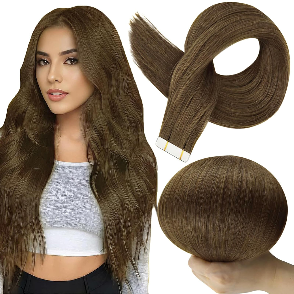 Full Shine Tape In Extensions Dark Brown 14 Inch front view