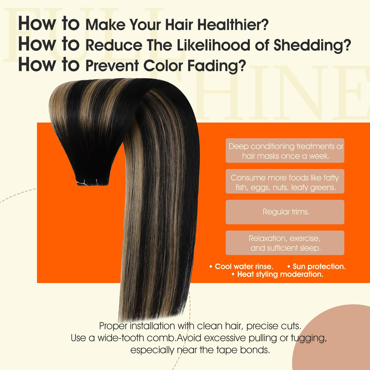 Full Shine Tape In Extensions Off Black Caramel displayed on a model