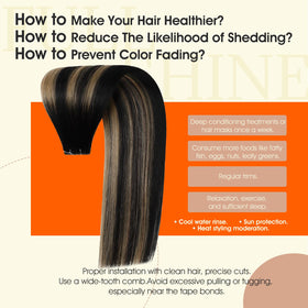 Full Shine Tape In Extensions Off Black Caramel displayed on a model