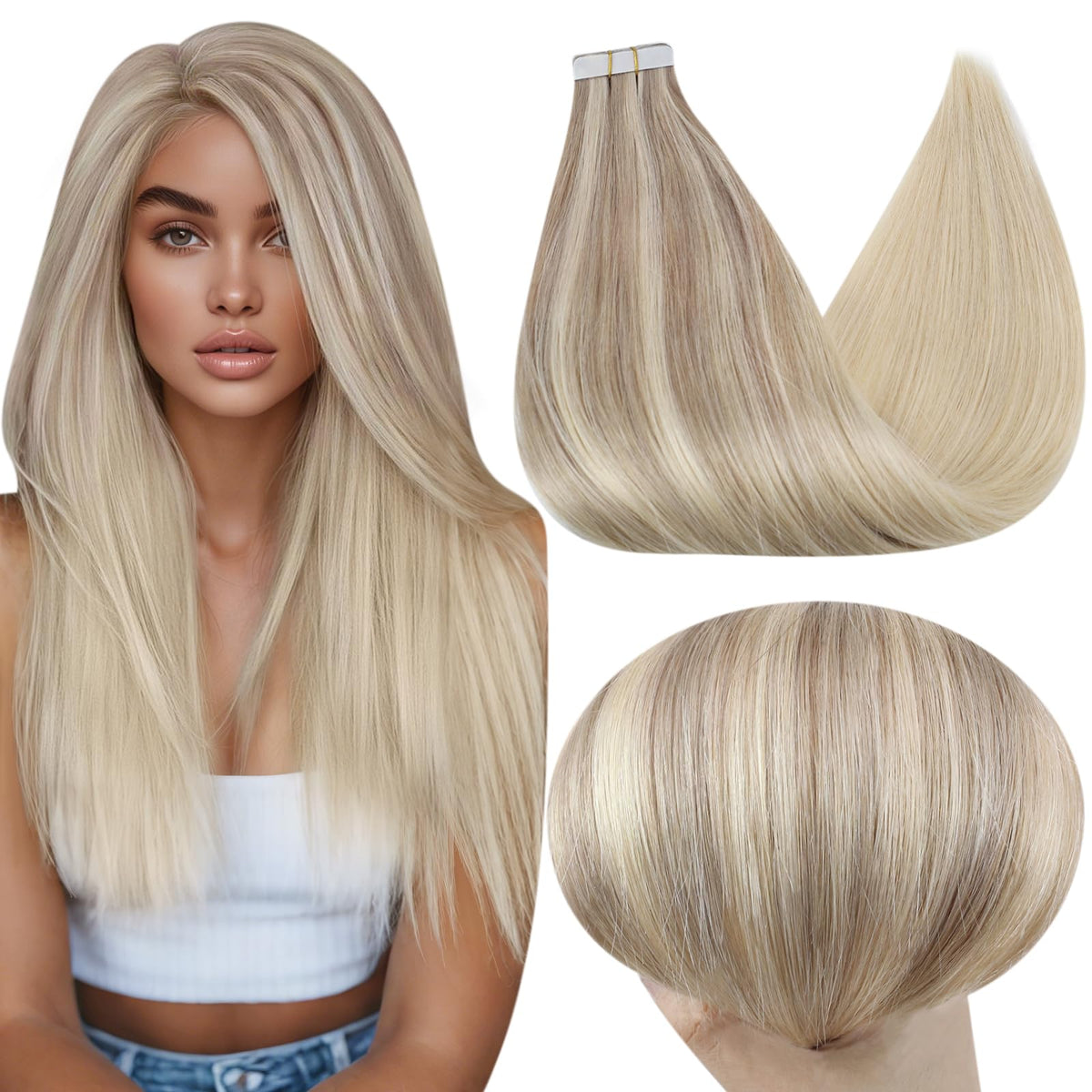 Full Shine Tape In Hair Extensions 12 Inch Dirty Blonde Champagne front view