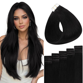 Full Shine Tape In Hair Extensions 14 Inch Jet Black front view