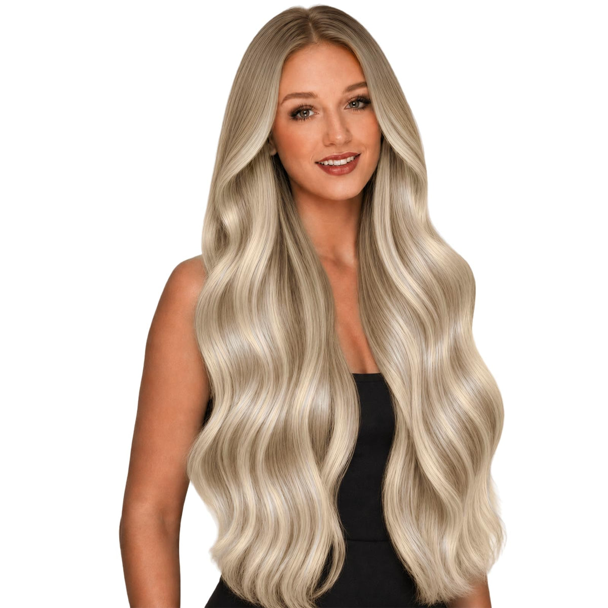 Full Shine Tape in Hair Extensions 16 Inch Ash Blonde Ombre front view