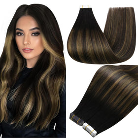 Full Shine Tape In Hair Extensions 16 Inch Black Brown front view