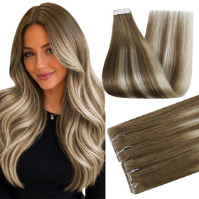 Full Shine Tape In Hair Extensions 16 Inch Rooted Ash Blonde front view