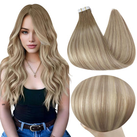 Full Shine Tape in Hair Extensions 18 Inch Ash Brown to Blonde front view