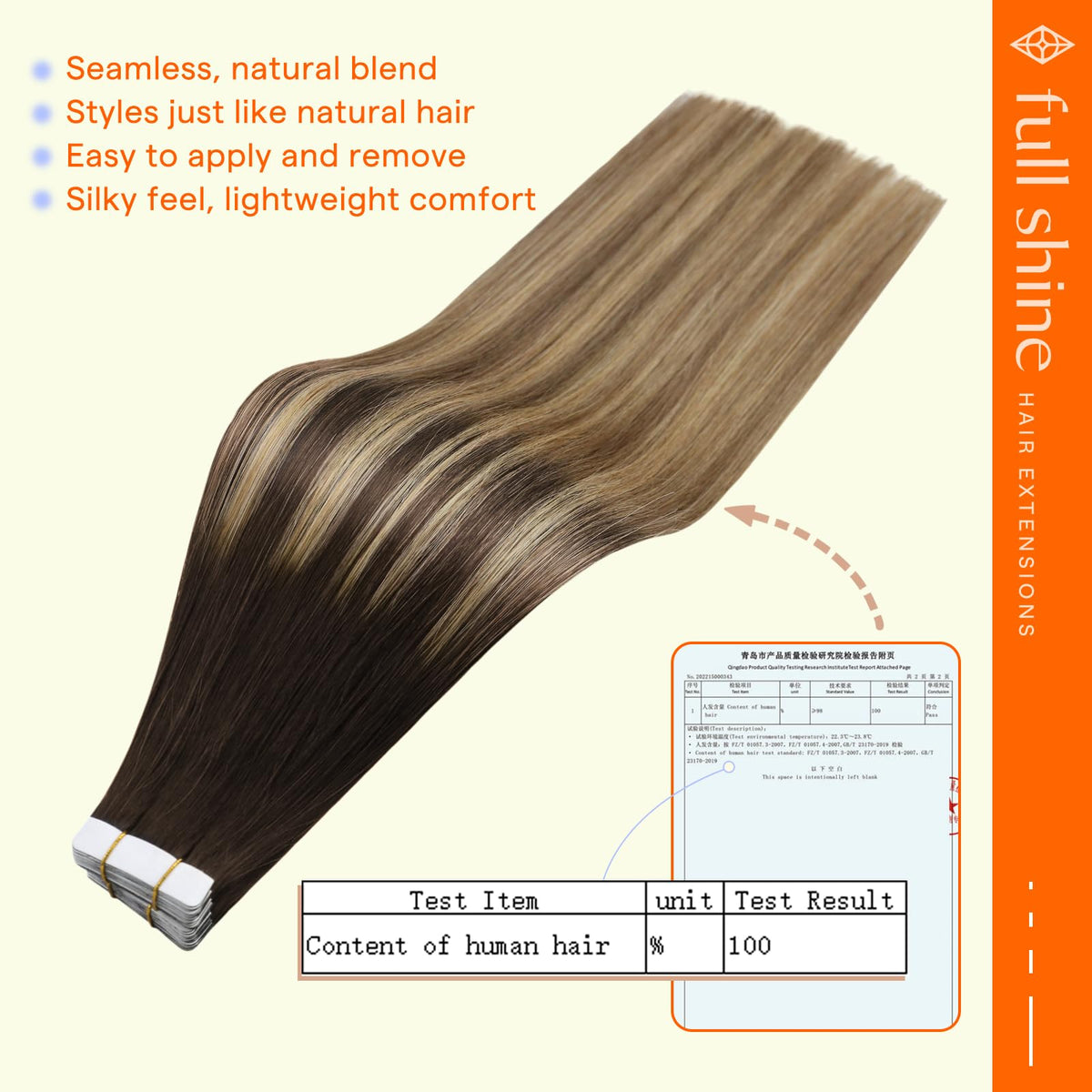 Full Shine Tape in Hair Extensions 18 Inch displayed with styling tools