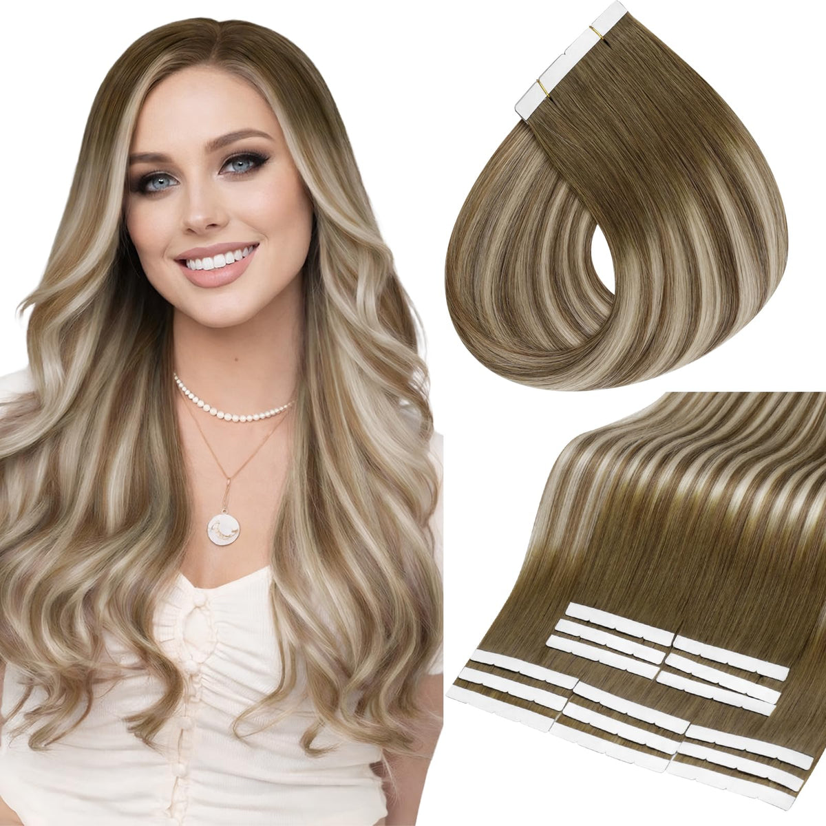 Full Shine Tape-In Hair Extensions 20 Inch Ash Brown Beige Blonde front view