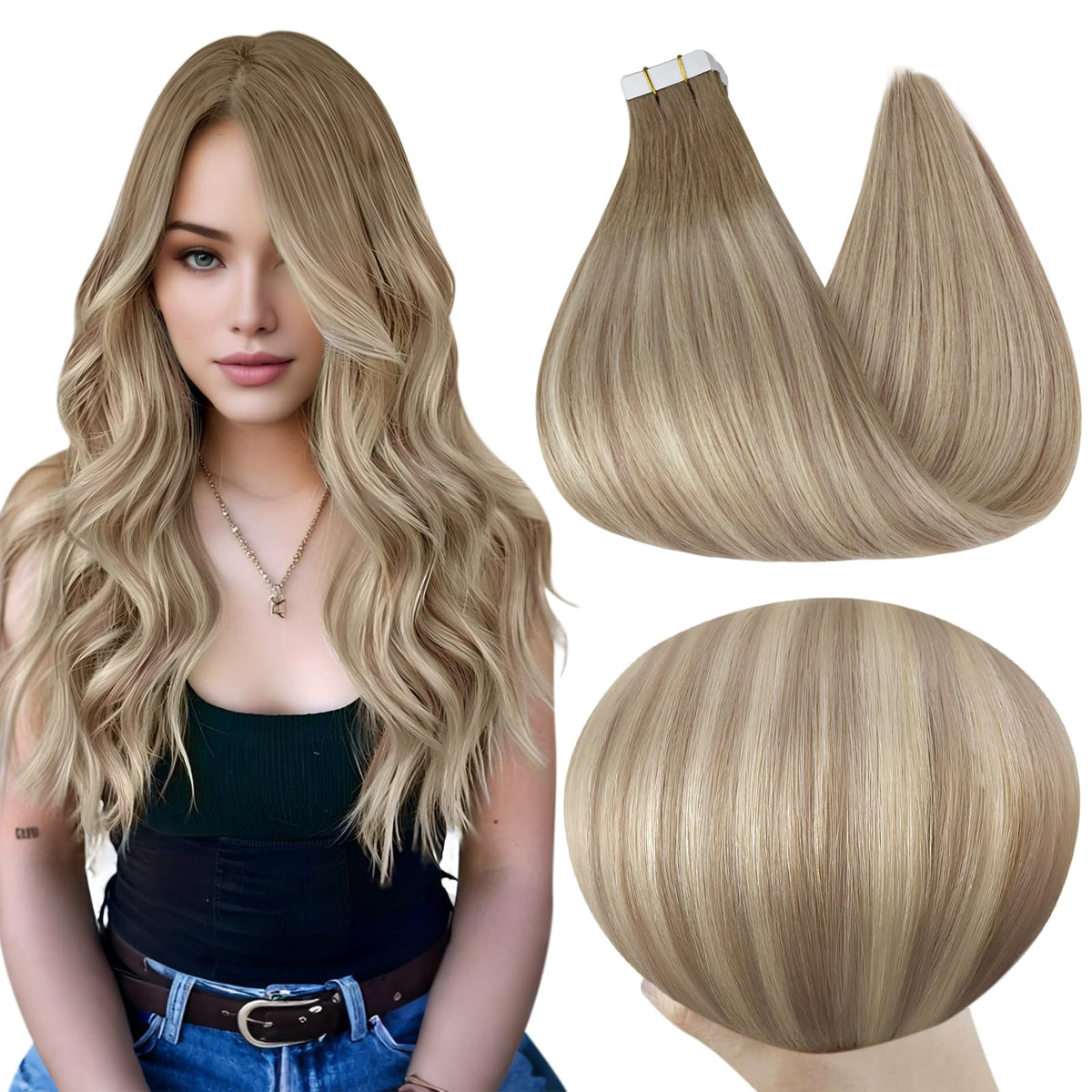 Full Shine Tape In Hair Extensions 20 Inch Ash Brown to Blonde front view