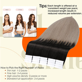 Full Shine Tape In Hair Extensions 20 Inch Black Ash Blonde back view