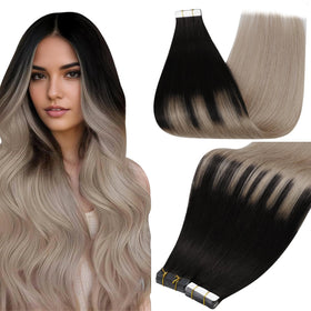 Full Shine Tape In Hair Extensions 20 Inch Black Ash Blonde front view