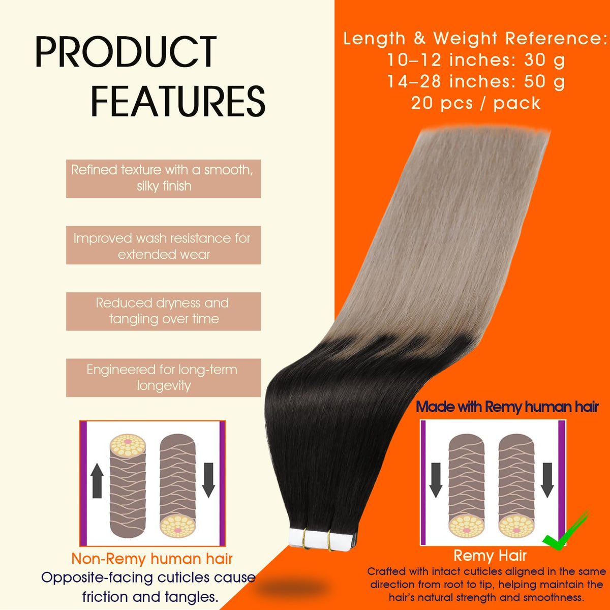Full Shine Tape In Hair Extensions 20 Inch Black Ash Blonde packaging