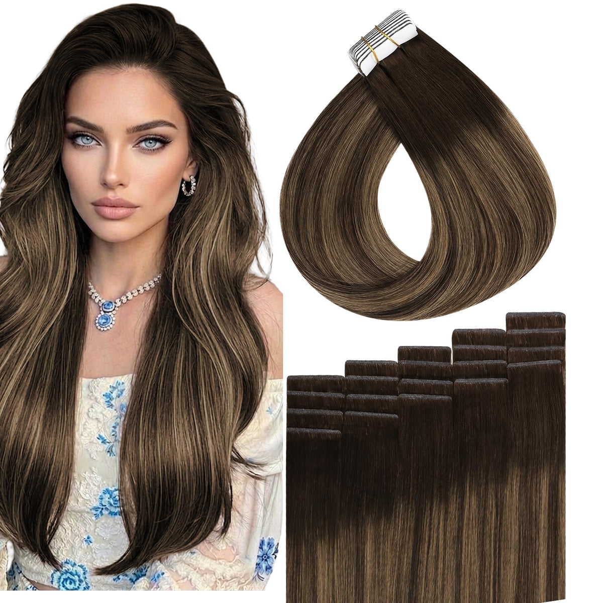 Full Shine Tape In Hair Extensions 20 Inch Brown Balayage front view