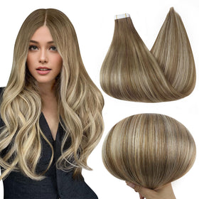 Full Shine Tape in Hair Extensions 20 Inch Brown Caramel Blonde front view