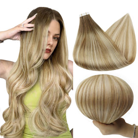 Full Shine Tape In Hair Extensions 20 Inch Brown Root Blonde front view