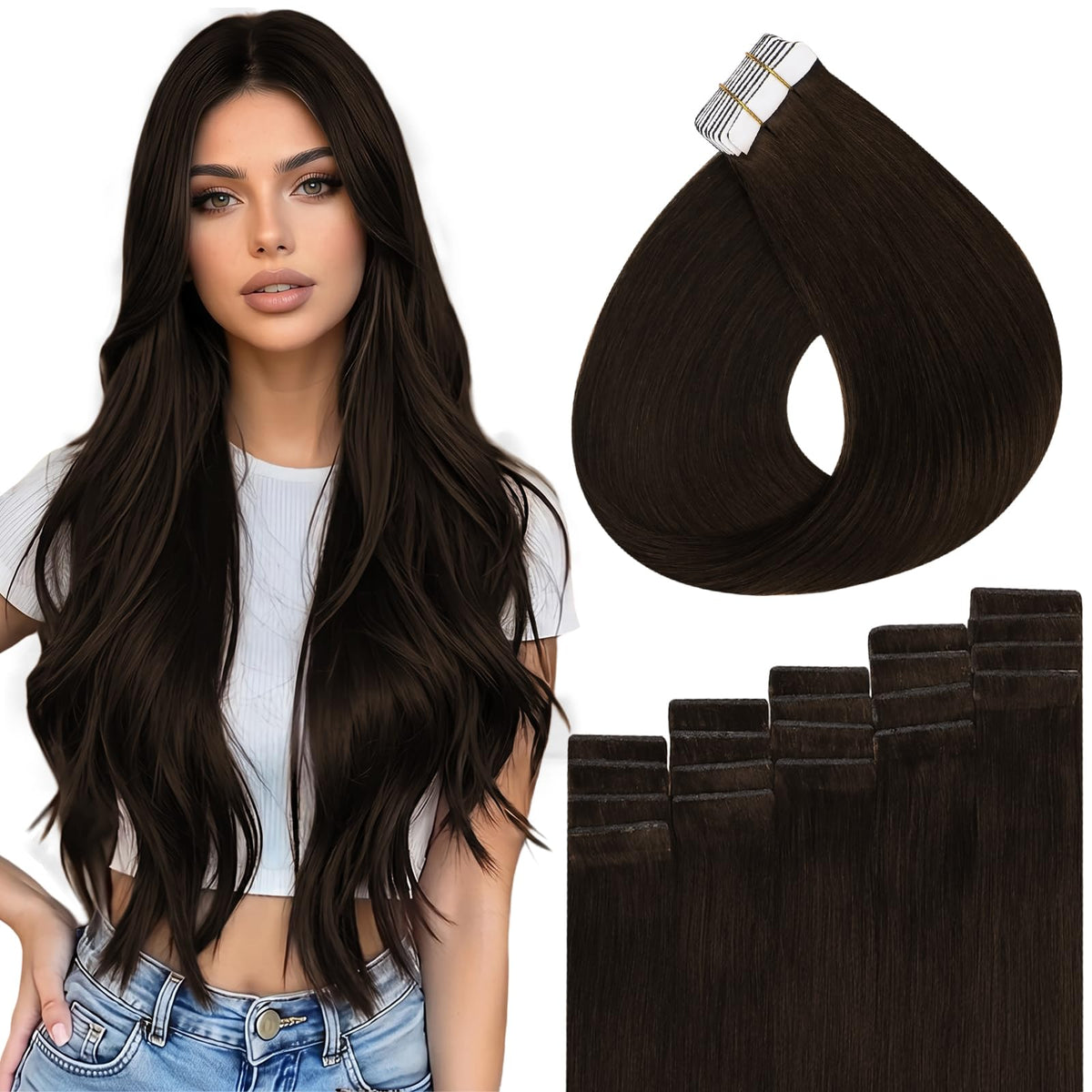 Full Shine Tape In Hair Extensions 20 Inch Dark Brown front view