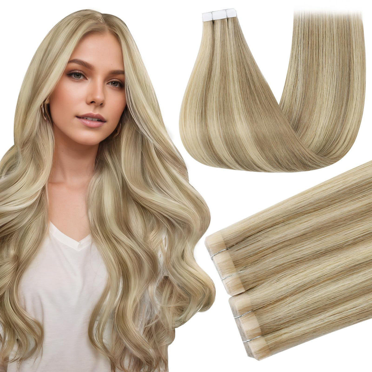 Full Shine Tape In Hair Extensions 20 Inch Highlight Blonde front view