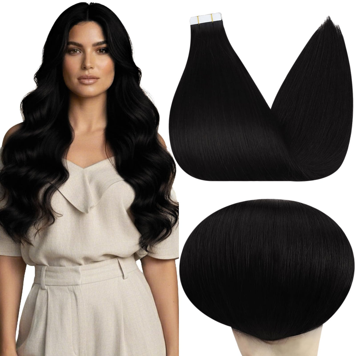 Full Shine Tape in Hair Extensions 20 Inch Jet Black front view